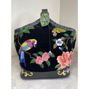Vintage Papillon Embroidered Velvet Purse Parrot Tropics FLowers